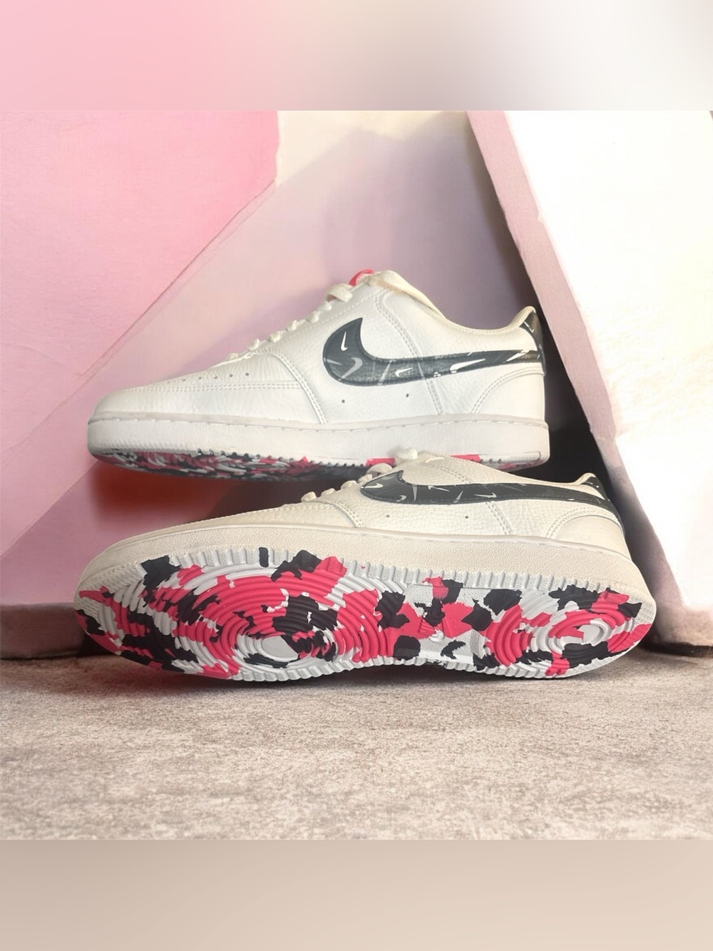 Nike Women’s Nike Court Vision Low Sneakers "Swoosh Market" Sail Black Pink SZ10